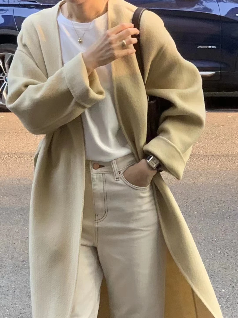 810《一云服饰》秋冬上新ounce无领大衣韩国睡袍式双面羊毛腰带大衣