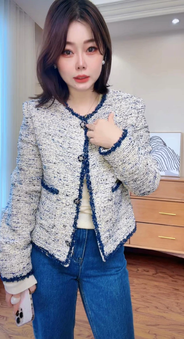 264《一云服饰》24秋季新款东大门法式毛边撞色小香风外套百搭长袖
