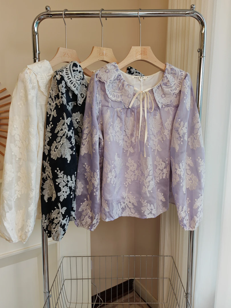 38《一云服饰》2024秋季新品法式蕾丝花系带上衣长袖气质减龄