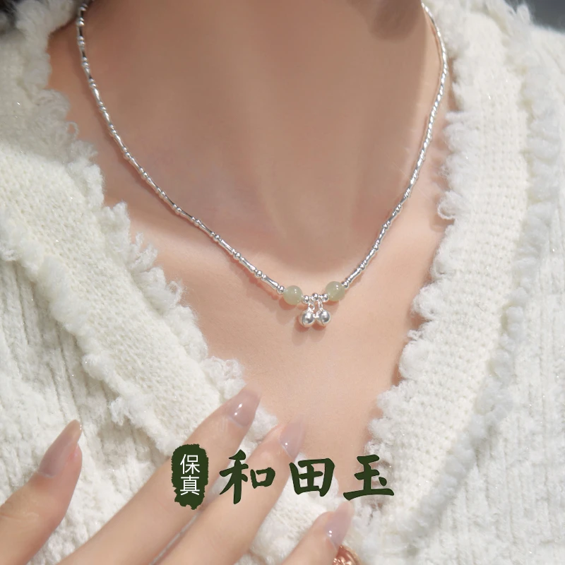 金美澳S925银锁骨链和田玉竹节项链女款高级感轻奢小众锁骨链配饰