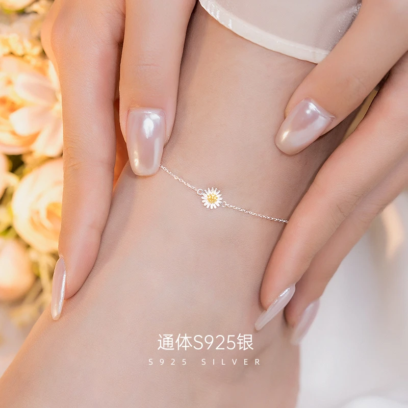 金美澳 925银脚链 小雏菊银饰女生高颜值女款脚踝链高级感足链潮