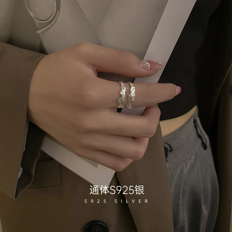 金美澳 925银戒指 双层镂空褶皱时尚个性戒指小众轻奢高级感潮流