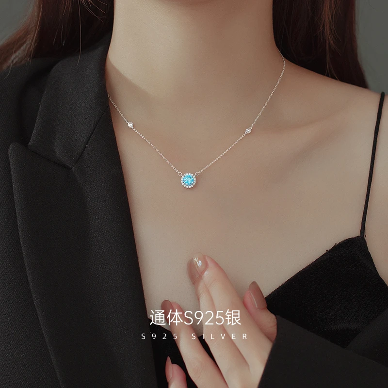 金美澳 链子925银合成锆石 项链女款轻奢高级蓝色锁骨链气质颈链