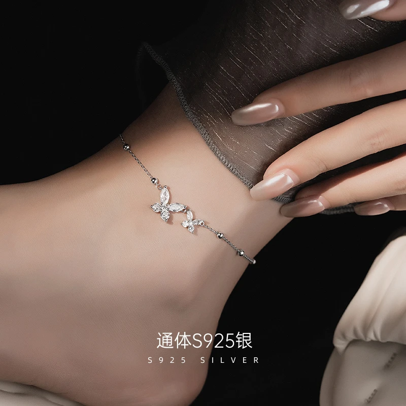 金美澳 925银合成锆石脚链 蝴蝶足链女款2025新款高级感女式脚链