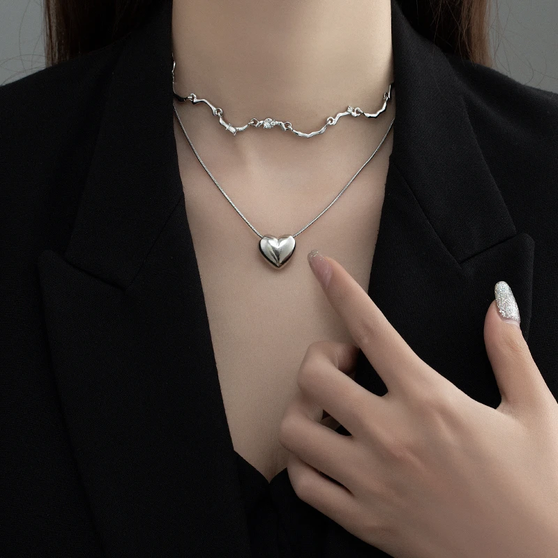 金美澳 合金项链 美式爱心双层叠戴项链女高级网红款冷淡风锁骨链