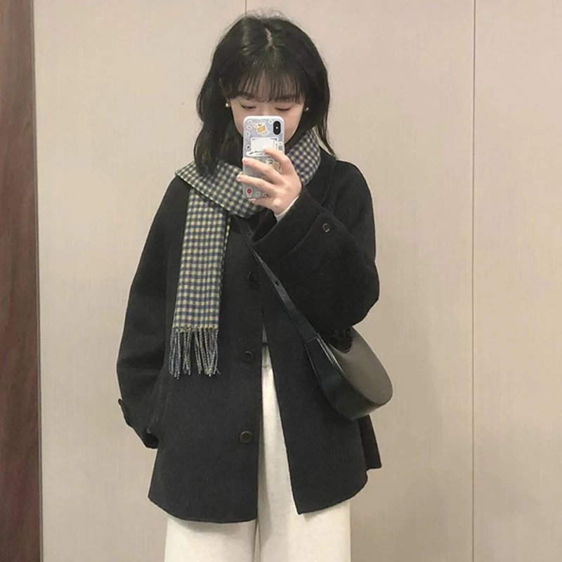 反季黑色呢子大衣女毛呢外套秋冬季超好看小个子韩系赫本风千金感