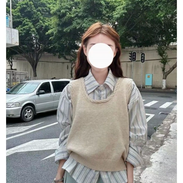 2023春秋韩版法式polo领条纹衬衫+时尚叠穿针织背心马甲女两件套