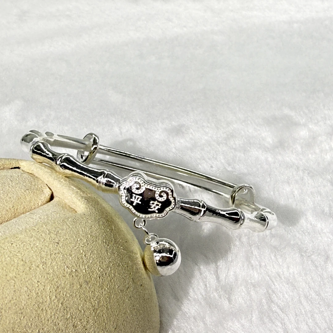 足银手镯 29号竹节平安锁推拉实心足银手镯