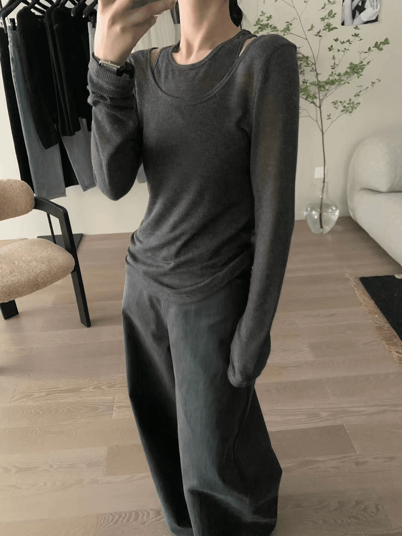 灰色显气质韩系上衣两件套～1010