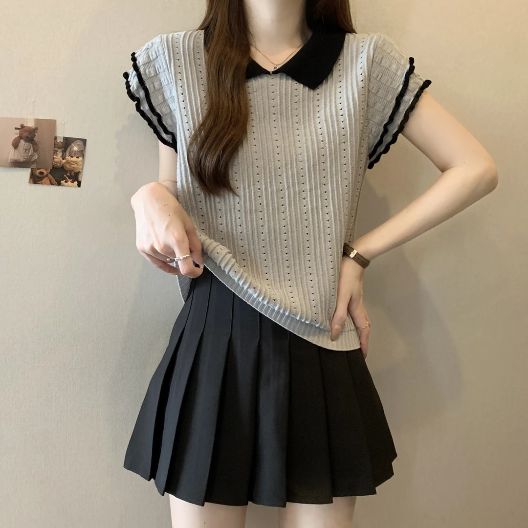 大码微胖甜美法式娃娃领正肩上衣女夏季胖妹妹mm减龄撞色短袖T恤