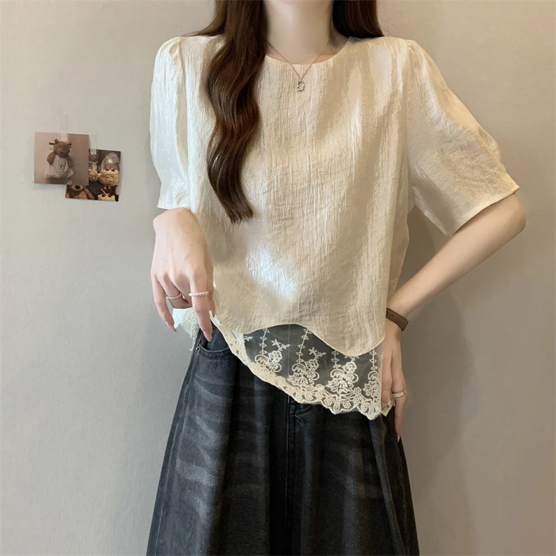 法式小香风蕾丝拼接短袖衬衫女夏季新款胖mm大码时尚百搭显瘦上衣