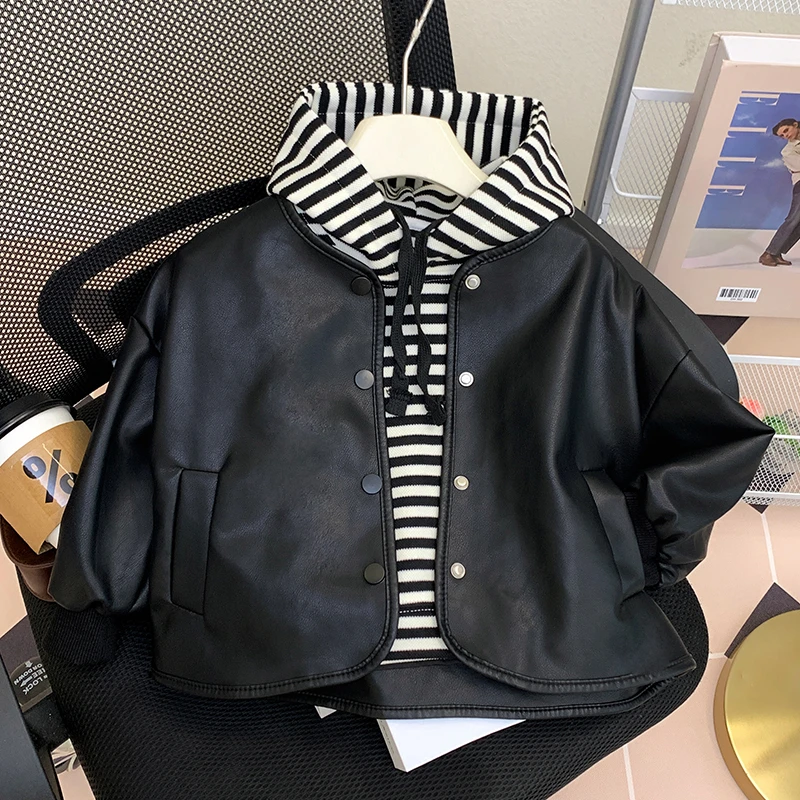 女童皮衣外套套装春秋款2025新款儿童秋装洋气男宝宝卫衣黑色夹克
