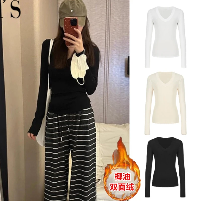 双面绒V领保暖打底衫修身内搭长袖恤女秋冬纯色小众显瘦百搭上衣