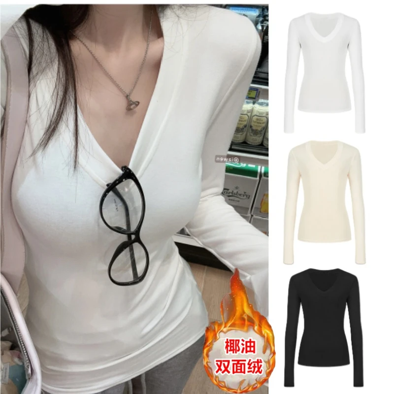 双面绒V领打底衫修身显廋秋冬内搭长袖T恤女纯色小众百搭上衣女
