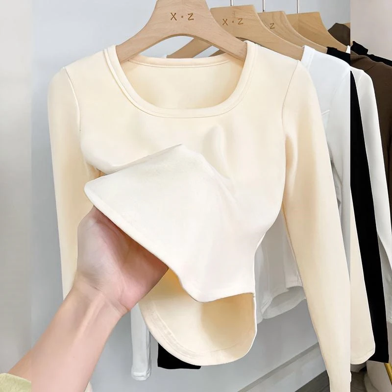 内搭长袖t恤女秋冬新款方领双面德绒打底衫修身显瘦甜辣妹上衣潮