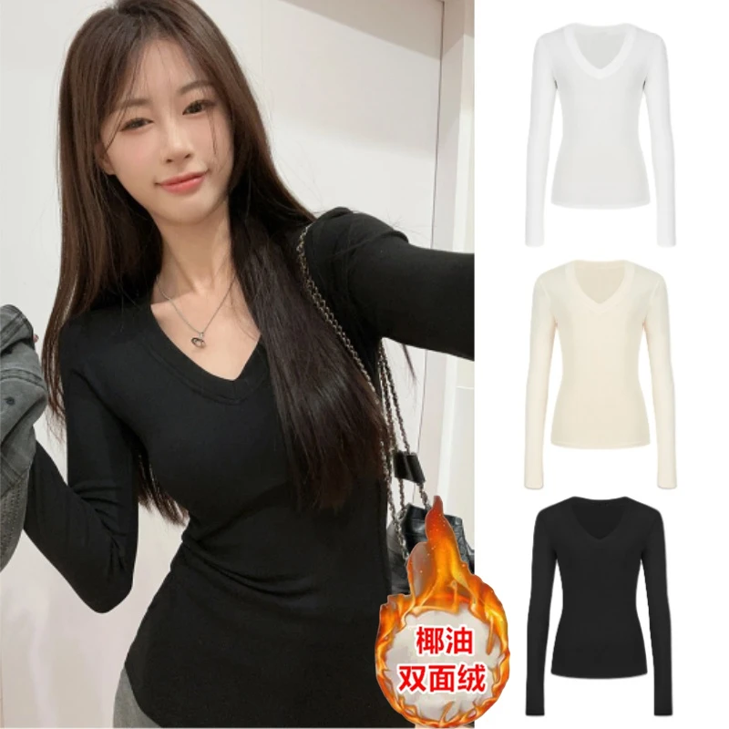 V领双面椰油绒打底衫女秋冬季长袖内搭2025新款白色修身显瘦上衣
