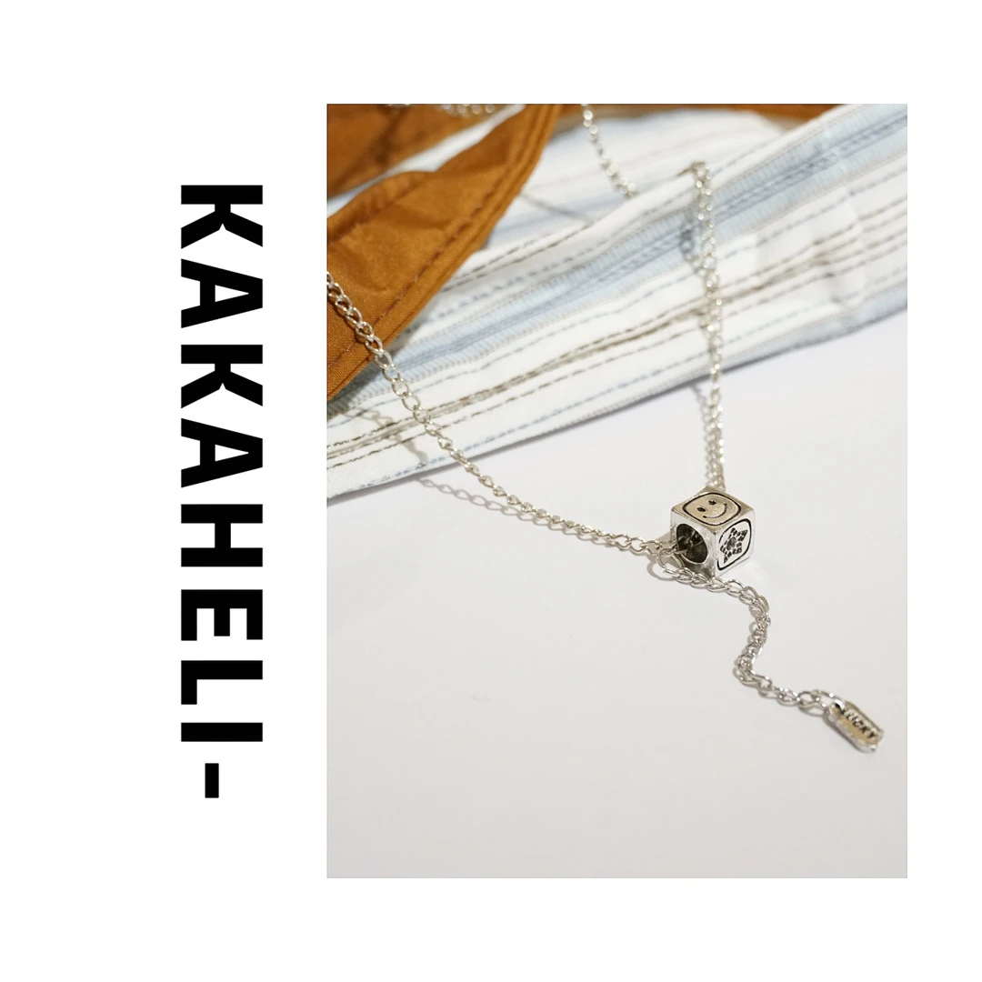 钛钢项链 轻奢时尚百搭小众银色满钻镶钻方形笑脸星星项链KK2052