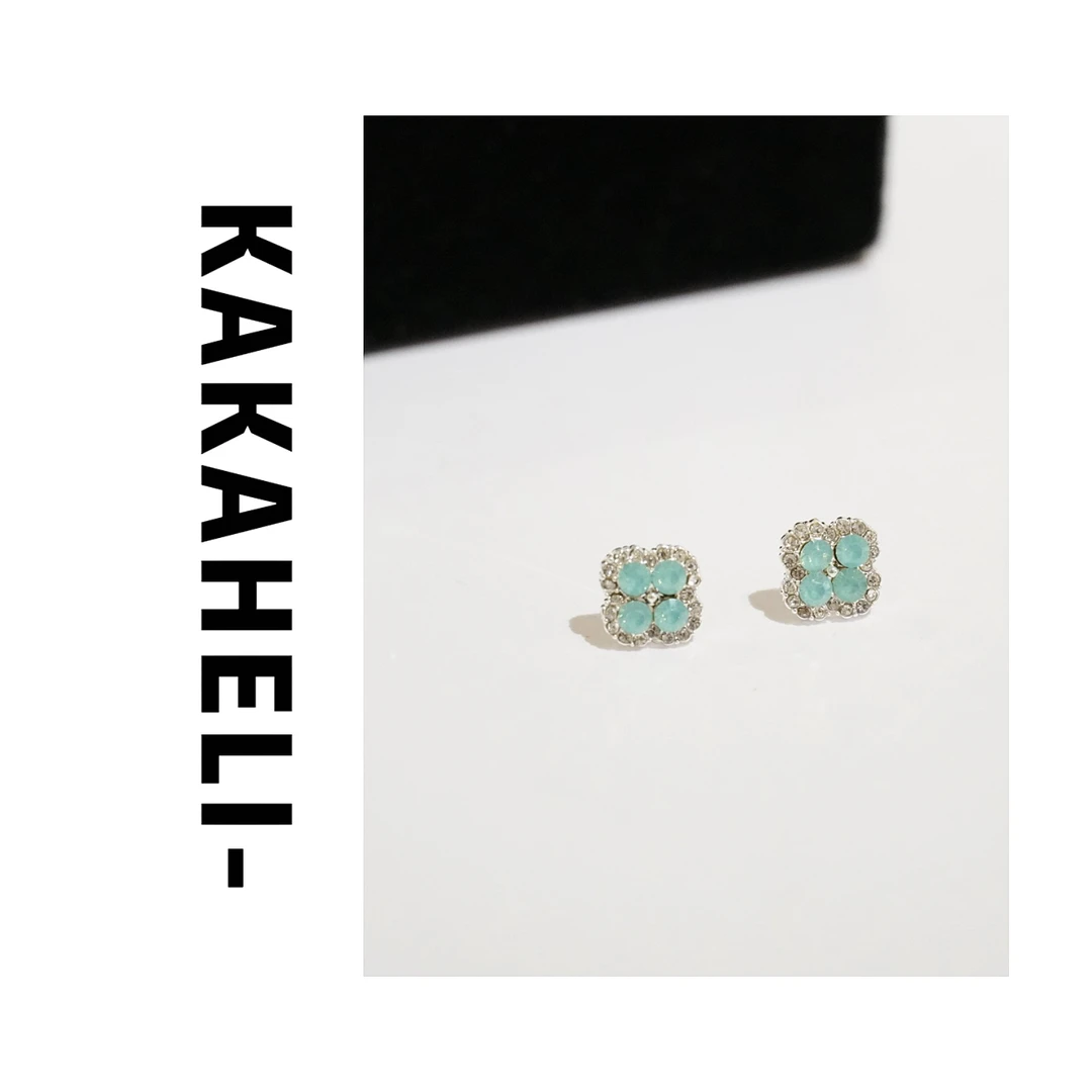 铜合金合成锆石耳饰 气质轻奢时尚百搭绿色四叶珠珠耳环KK1946