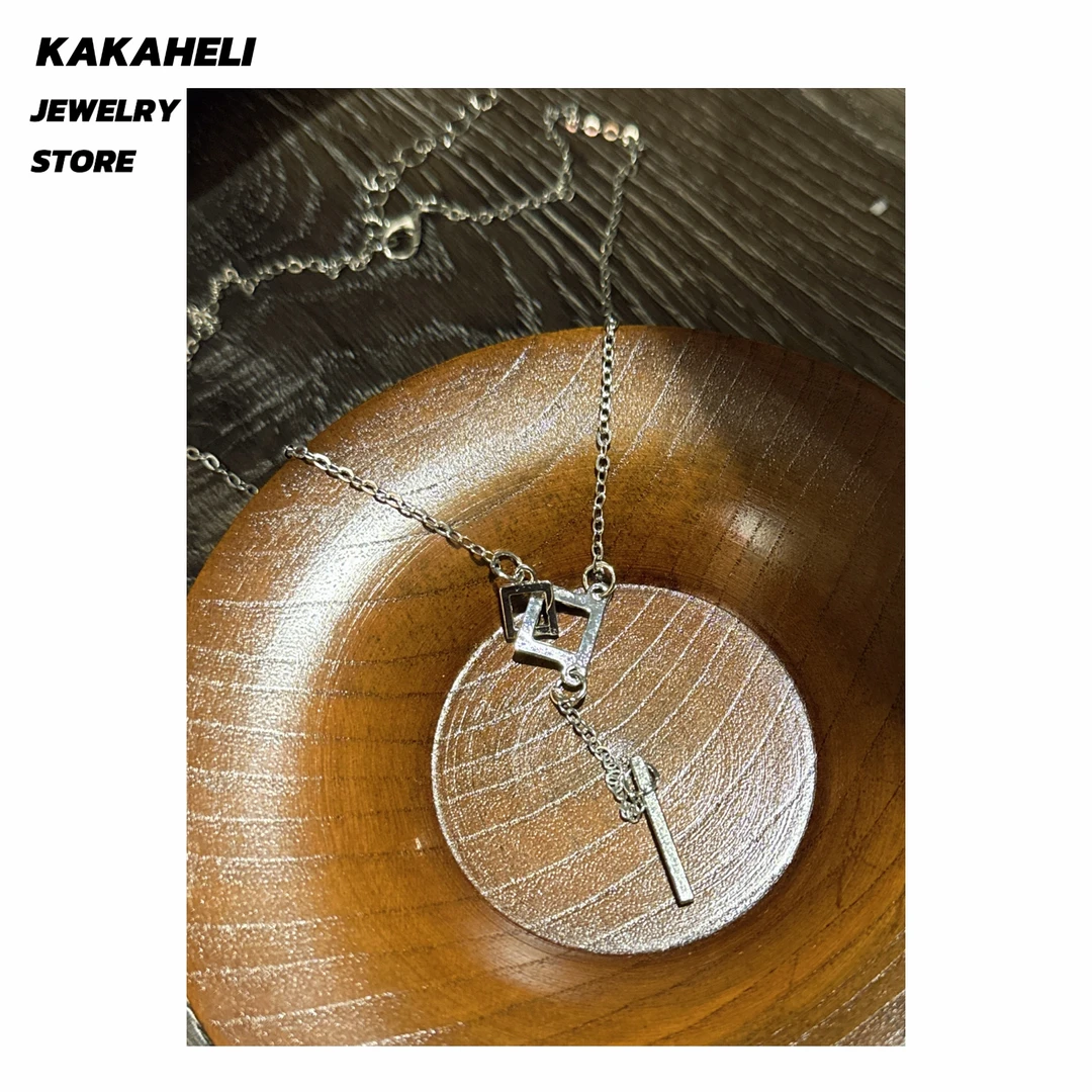 钛钢项链 气质轻奢百搭复古古风镶嵌拼接几何方块项链KK2341