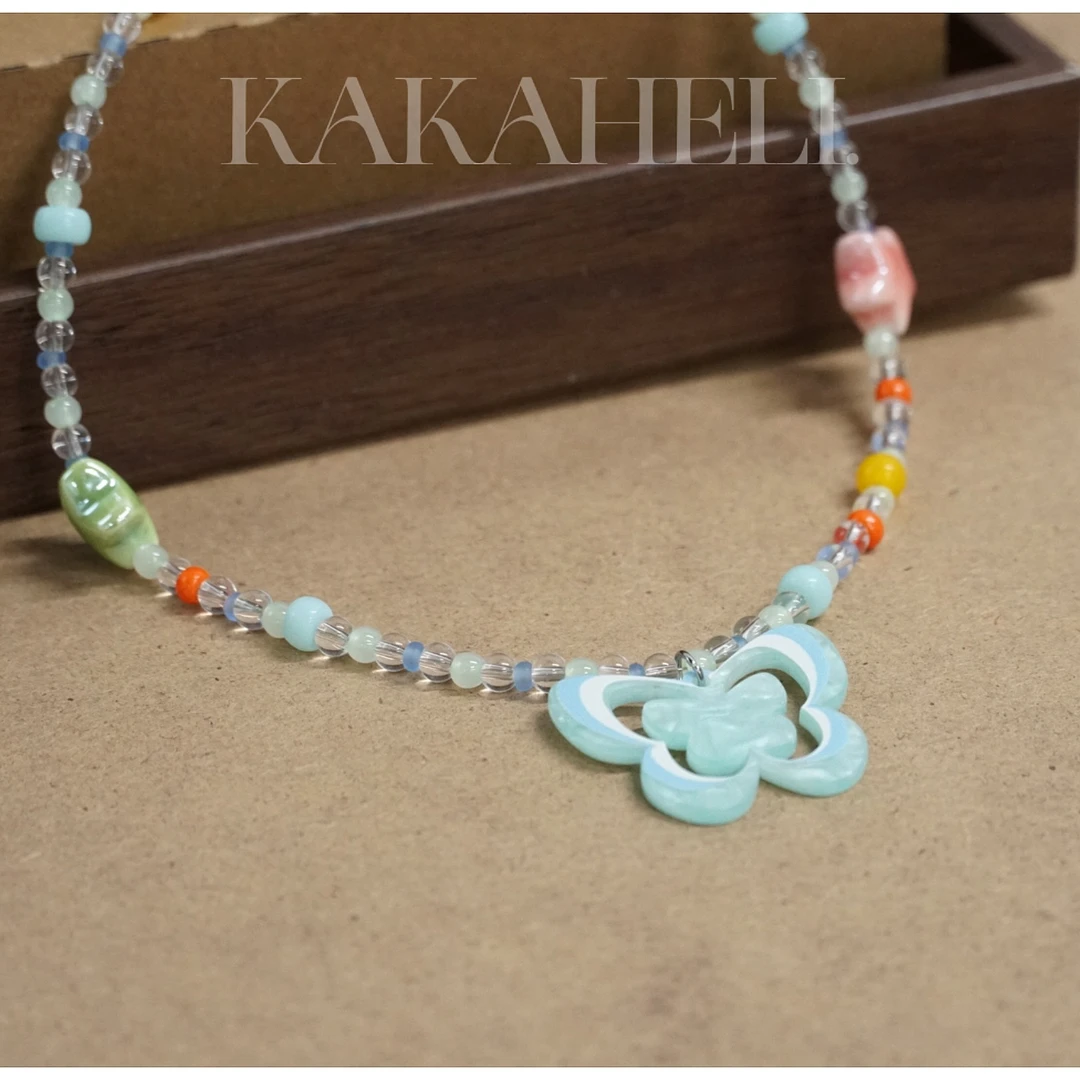 钛钢项链 时尚复古编织古风小众手作坠链彩色蝴蝶项链KK2193