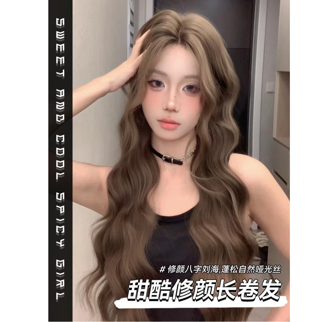 【落日派对】假发女长发新款韩系前额手织蕾丝中分羊毛卷全头套式