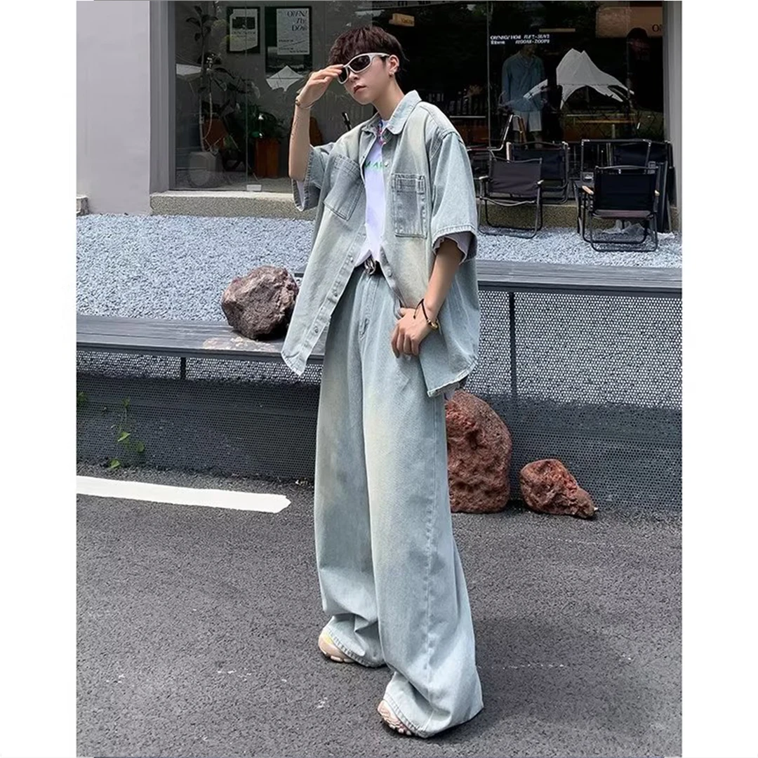 【新品套装】宽松复古短袖马甲水洗牛仔套装阔腿裤男女—CY501C985