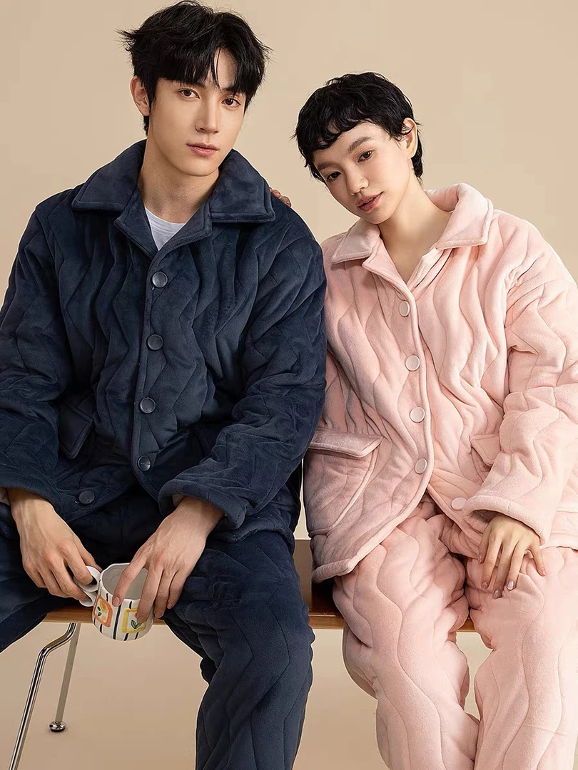 三层夹棉海岛绒夹棉家居服男女情侣款 加导电丝防静电