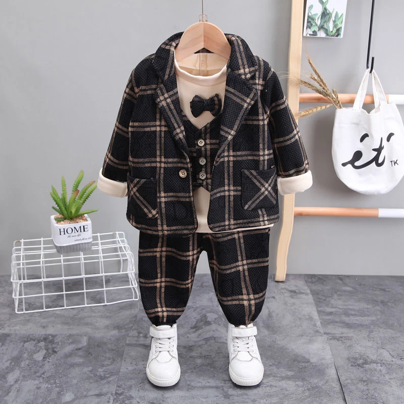 男童小西装套装加绒厚秋冬装01一周岁3儿童帅气礼服2宝宝三件套装