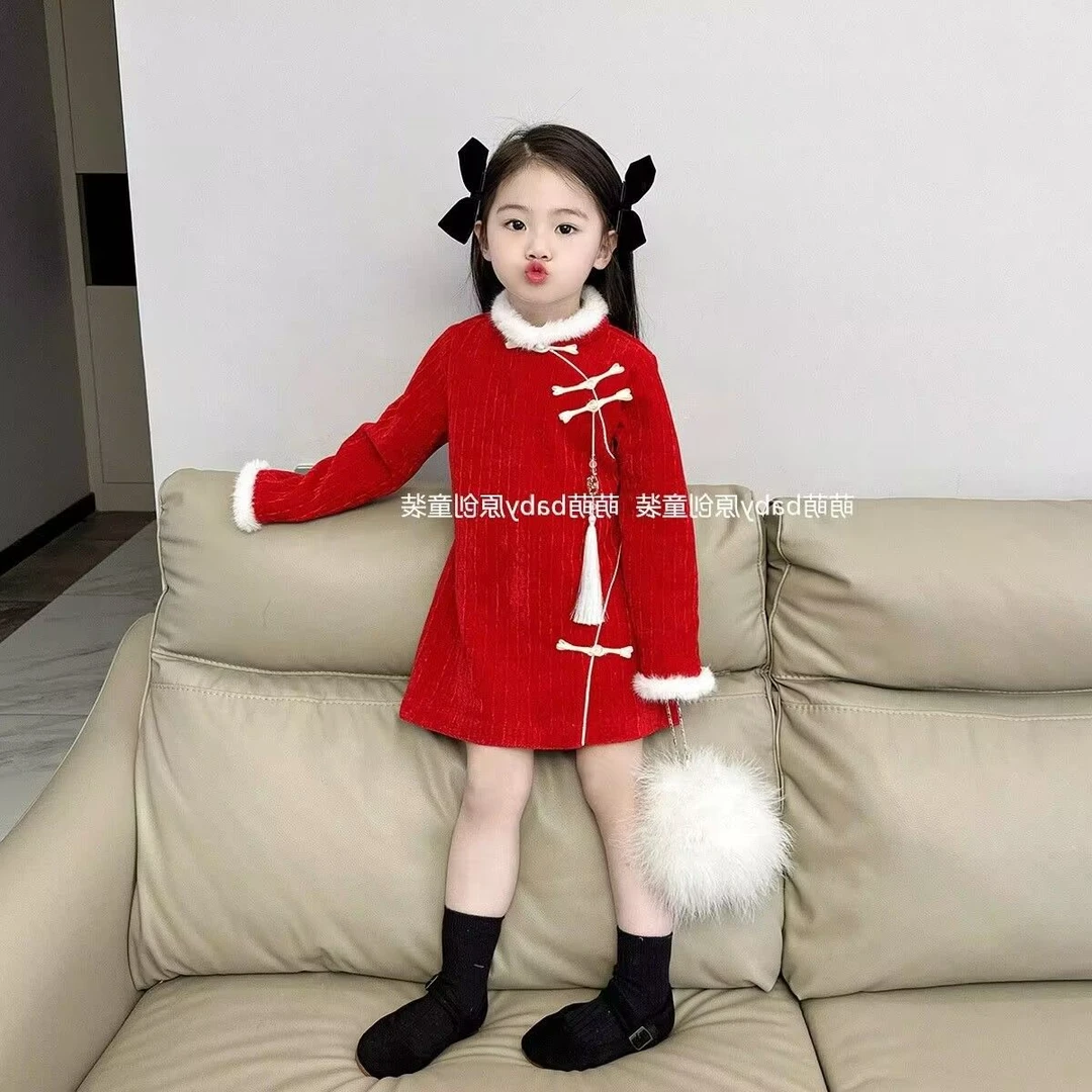 儿童过年洋气拜年服中国风秋冬女童夹棉复古旗袍裙宝宝汉服连衣裙