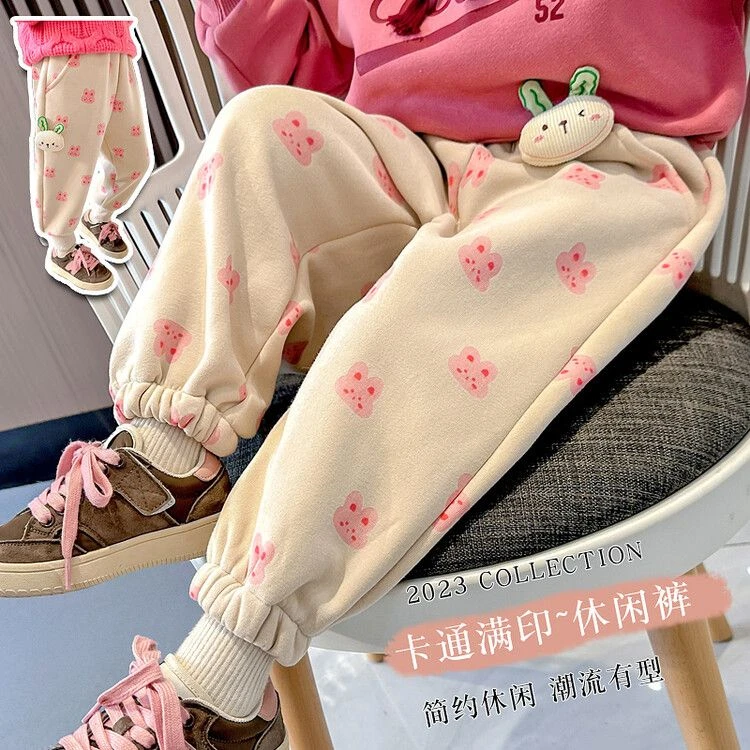 女童加绒裤子秋冬外穿儿童2024新款冬季加厚宽松保暖运动卫裤潮