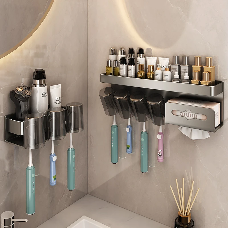 免打孔卫生间牙刷置物架壁挂式厕所漱台牙刷牙膏漱口杯收纳架子