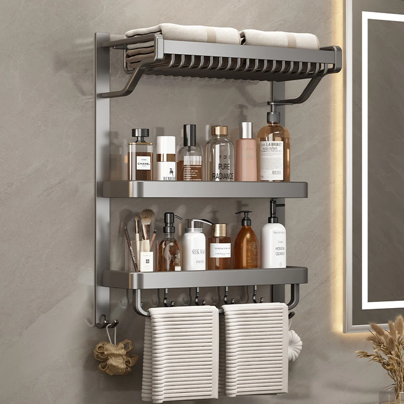卫生间免打孔置物架浴室壁挂式太空铝多层厕所毛巾架一体收纳