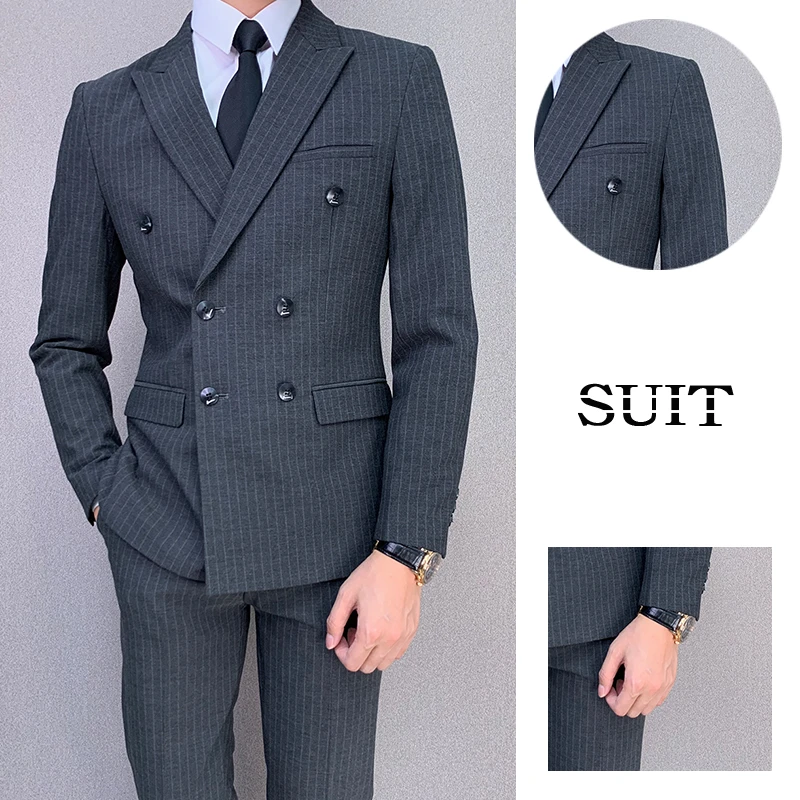 3786#【西装两件套】秋冬款修身免烫2025深灰双排扣条纹男西装套装