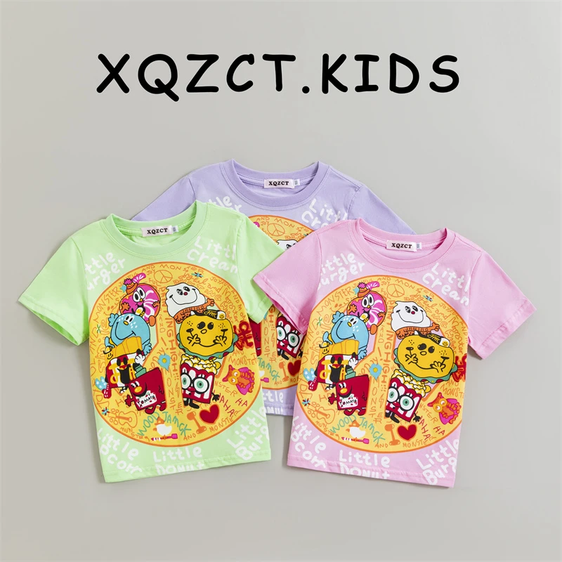 爆米花印花短袖T恤日系儿童夏季上衣亲子装童装男女宝宝卡通