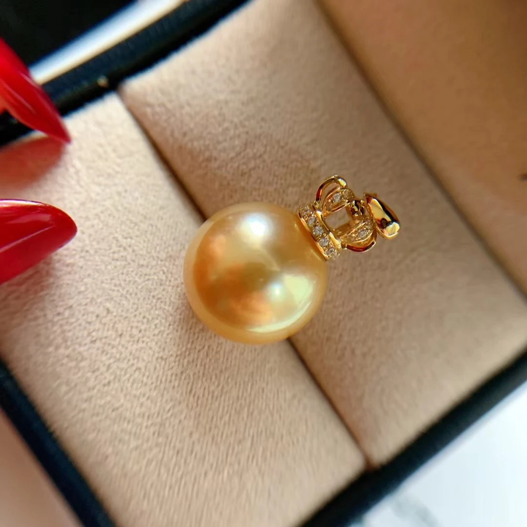 【海水南洋金珠】天然珍珠18k金皇冠吊坠 浓金正圆微瑕强光送银链