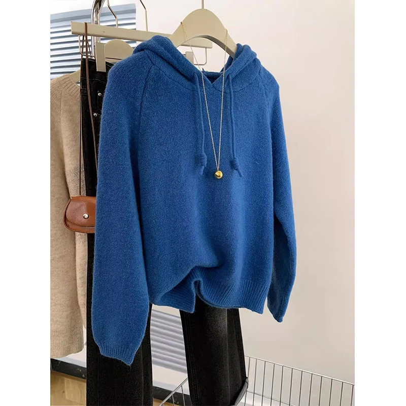 2024秋冬新款慵懒风气质连帽针织衫法式洋气蓝色宽松百搭套头毛衣