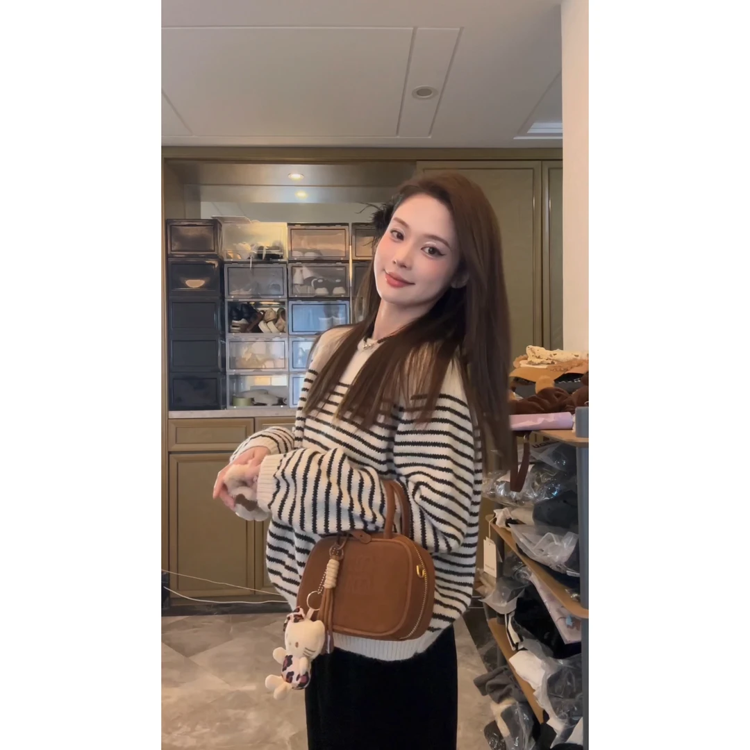 【个性条纹】韩系秋冬复古慵懒风条纹毛针织衫-MY0963