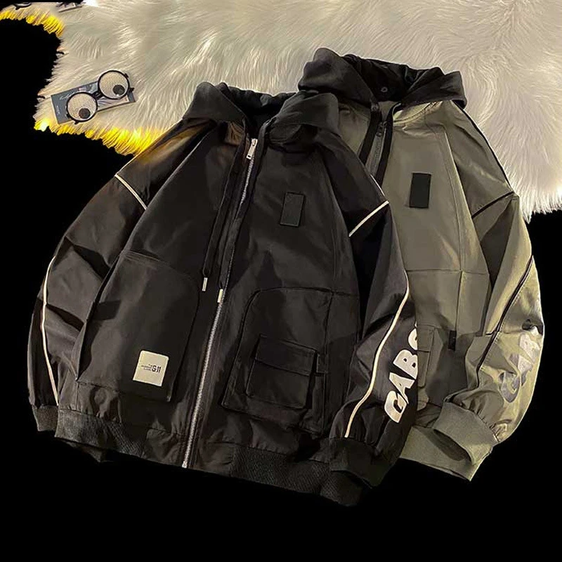 美潮高街机能风连帽冲锋衣男秋冬季多口袋工装夹克设计感潮牌外套