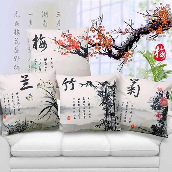 诗本中式梅兰竹菊创意靠垫腰枕沙发靠背垫国风加两用棉麻方形含芯