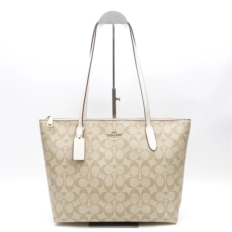 99新 COACH/蔻驰 米色老花拼白金标拉链单肩包/T_ZY0000350705