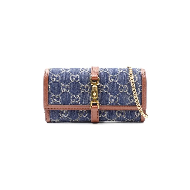 95新 GUCCI/古驰  蓝色老花拼棕链条包/T_ZY0000393294