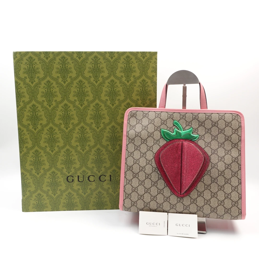 95新 GUCCI/古驰 老花拼粉草莓儿童托特单肩包TJGHM00054