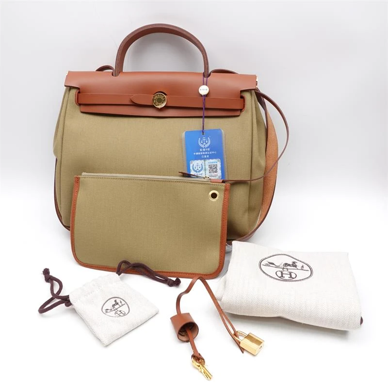 99新 Hermes/爱马仕 Herbag卡其色拼棕色单肩包/T_ZY0000331010