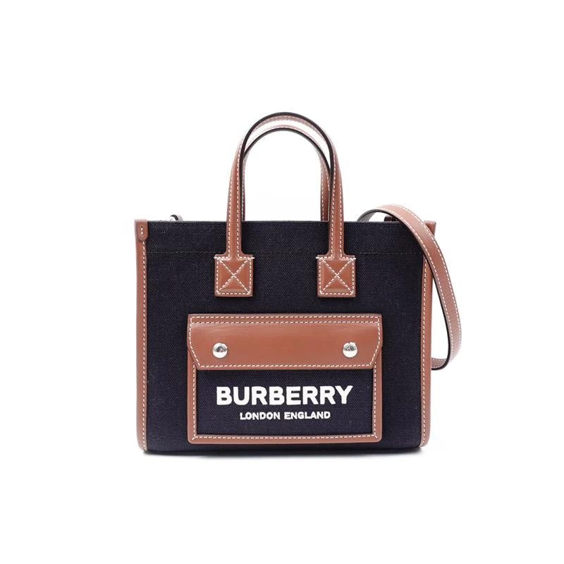 99新 BURBERRY/博柏利 Freya 黑拼棕手提单肩包T_ZY0000370754