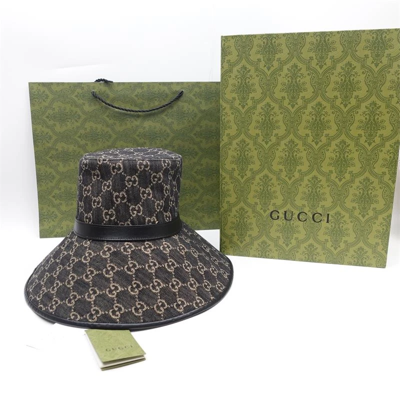 95新 GUCCI/古驰 黑灰色老花大帽檐渔夫帽/T_JM0000165400