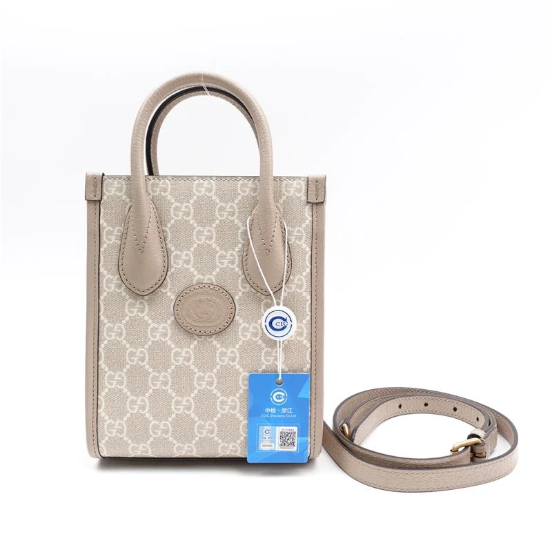 95新 GUCCI/古驰 灰色双G老花竖版小托特斜挎包/T_ZY0000260941