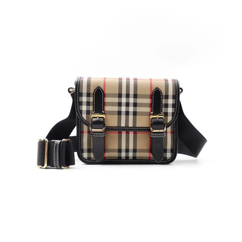 99新 BURBERRY/博柏利 巴宝莉卡其格纹拼黑单肩包H_ZY0000388922