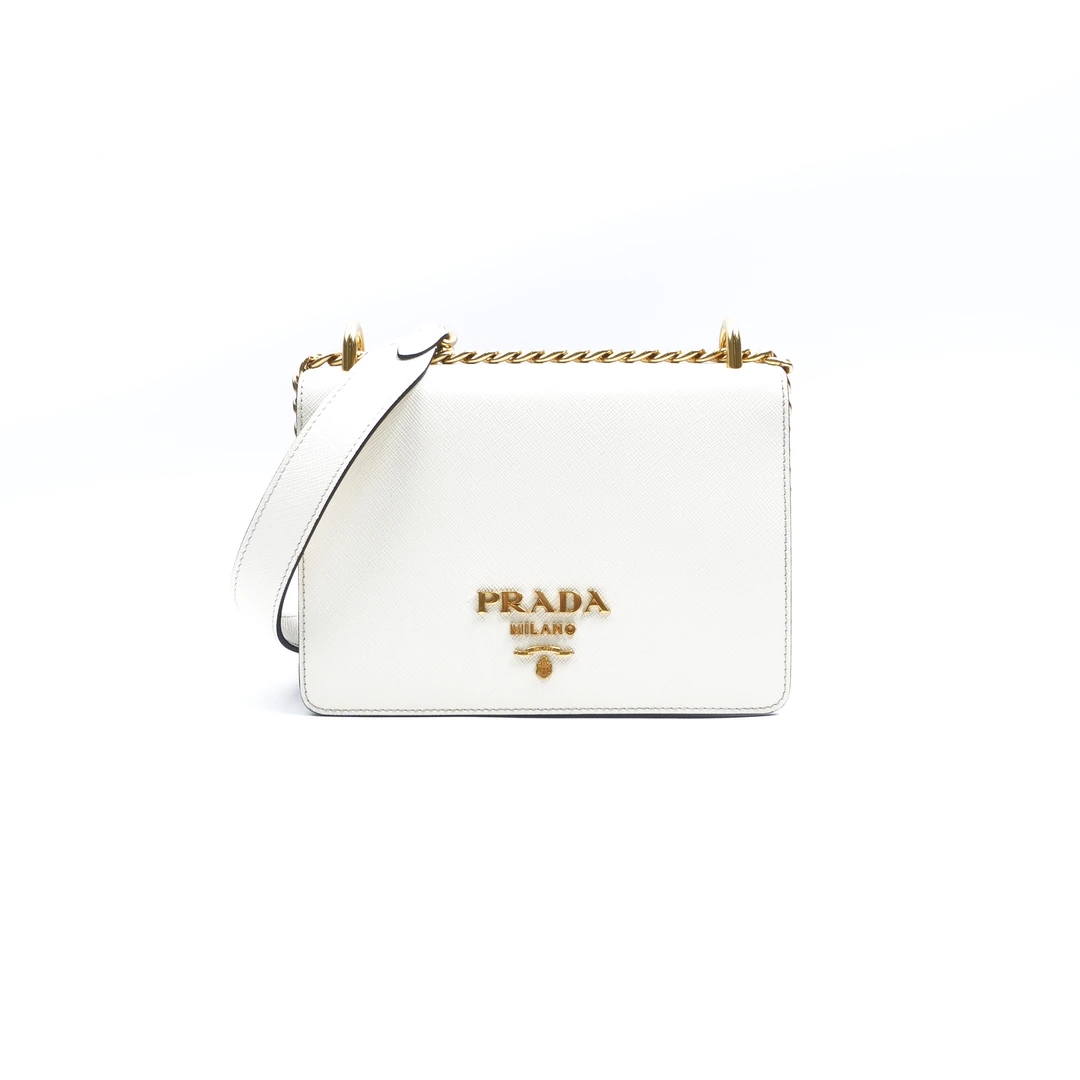 95新 Prada/普拉达 白色拼黑金标单肩包  ZYJMCZ00011