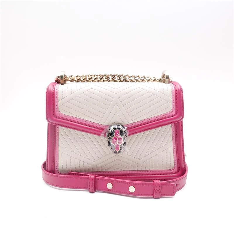 95新 BVLGARI/宝格丽 白色拼玫红色边蛇头链条包/T_ZY0000295080