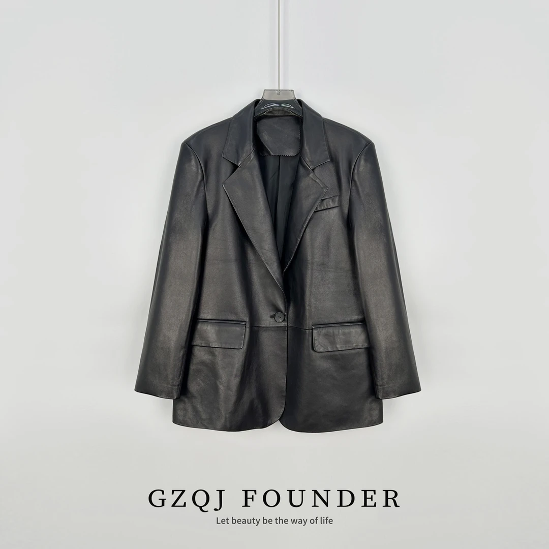 GZQJ【时髦感】黑色气质真皮西装皮衣外套 3361